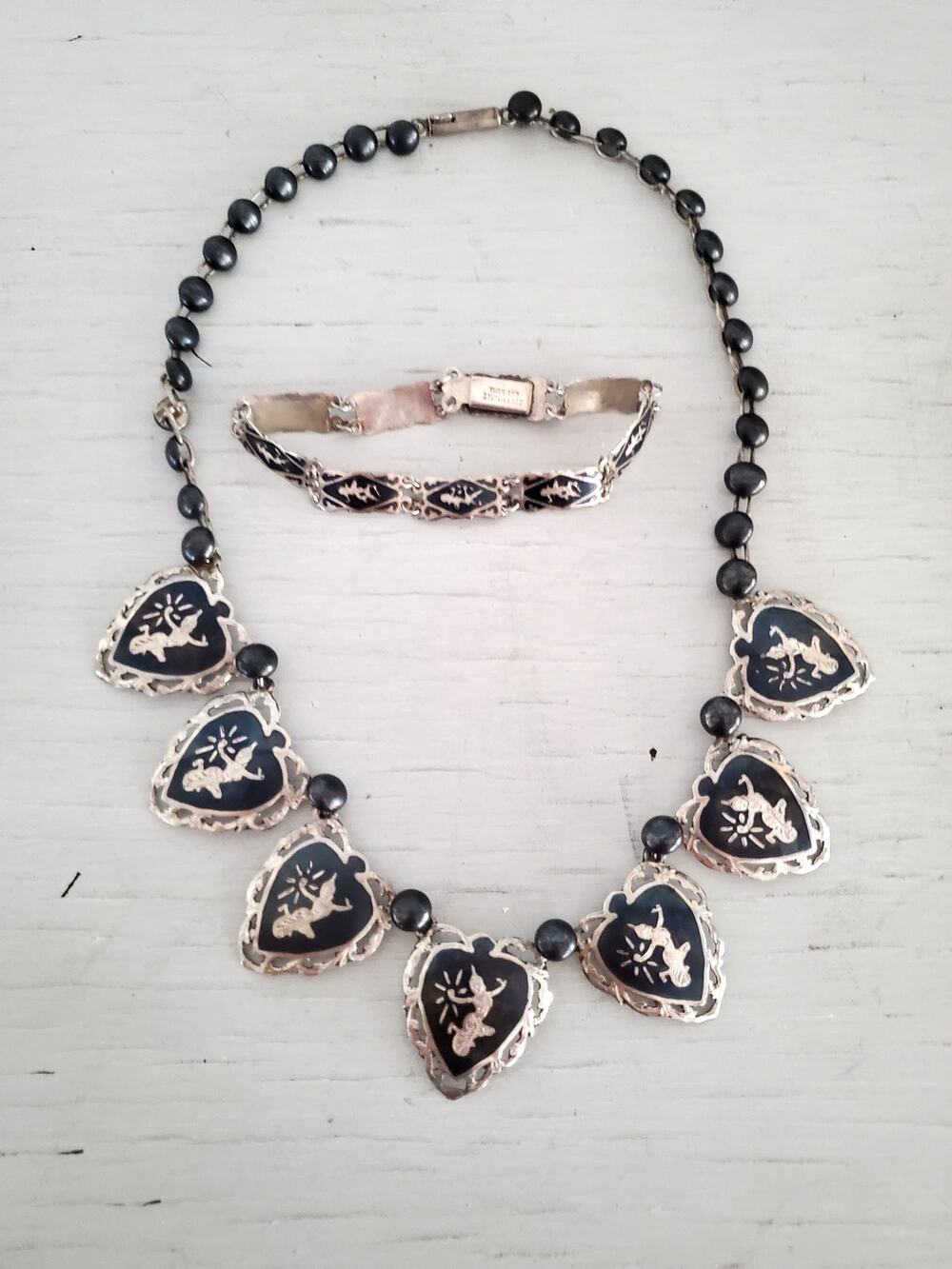 Vintage 1940s Siam Sterling Silver Niello Thai Dancer Necklace & Bracelet Set